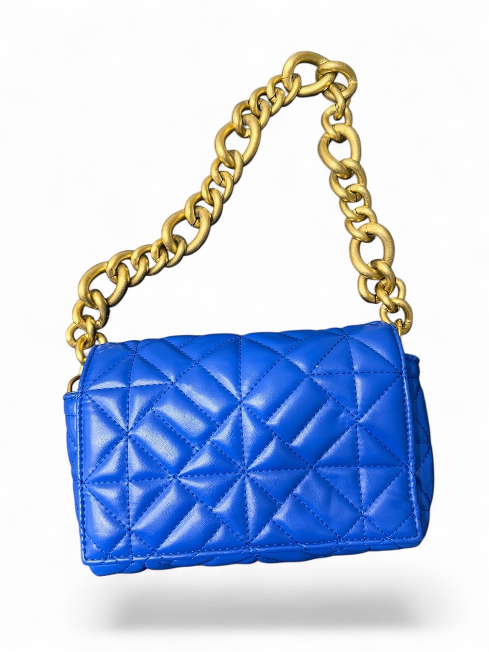 Y2K Quilted Blue Mini Flap Bag with Gold Chain Strap